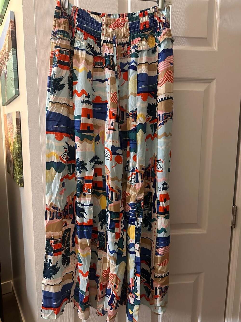 Cato Hi-Rise Smocked Elastic Waist Pants Size L Multi Color Print